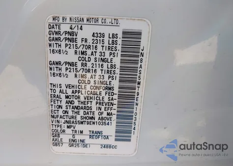 2014 Nissan Rogue Select S из США, поврежденный, VIN JN8AS5MT9EW103541